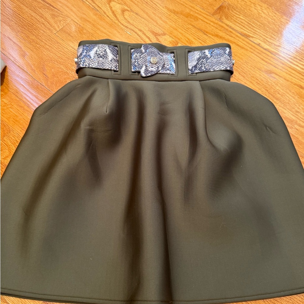 Elisabetta Franchi Elegant Olive A-Line Skirt with Snakeskin Accent size 42